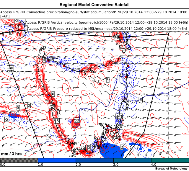Convective rainfall, surface wind and surface vertical motion for the Bureau of Meteorology ACCESS-R regional model with a horizontal resolution of ~12km.